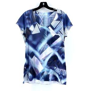 Calvin Klein Women's Short Sleeve Blue Green Geometric Print Top Shirt Size L